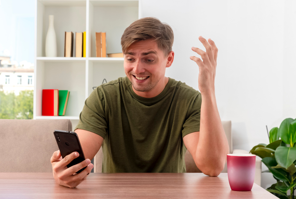 スマホでビデオ通話する男性